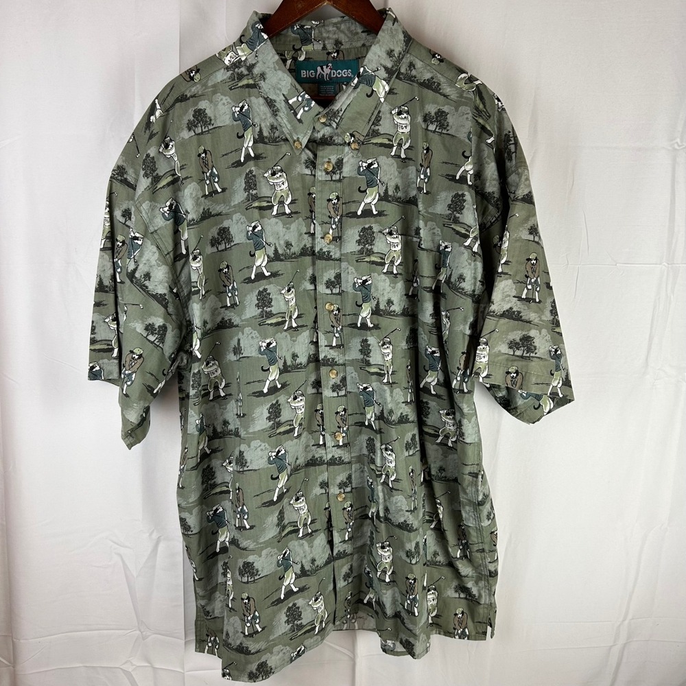 Big Dogs Mens Golfing Dogs Print Short Sleeve Button Up Shirt 3X Green‎ White